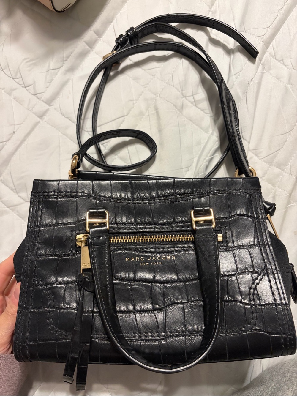 Marc Jacobs Black Croc-Embossed Leather Satchel with Gold Hardware